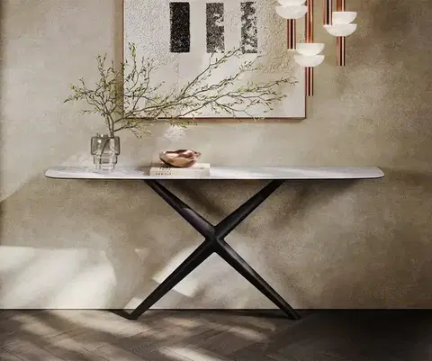 Konzolové stolíky DELIFE Konzolový stolík Edge zaoblený tvar 180×40 cm keramika Laminam® Statuarietto biela Estelo kov čierna