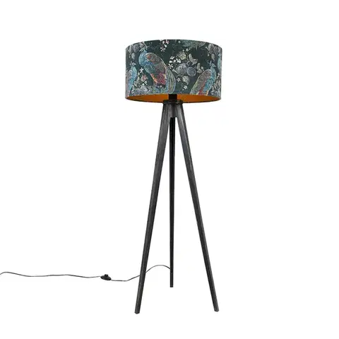 Stojace lampy Stojaca lampa trojnožka čierna s tienidlom páv 50 cm - Tripod Classic