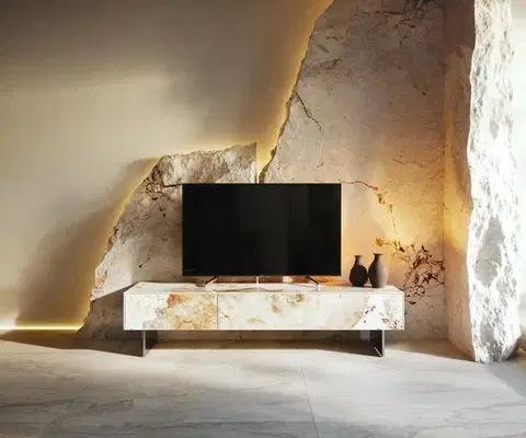 Televízne stolíky DELIFE TV stolík Cuor 150 cm keramika Minas Melange bielo-béžová 1 výklopné dvierka 1 zásuvka podstava závesné nerezová oceľ