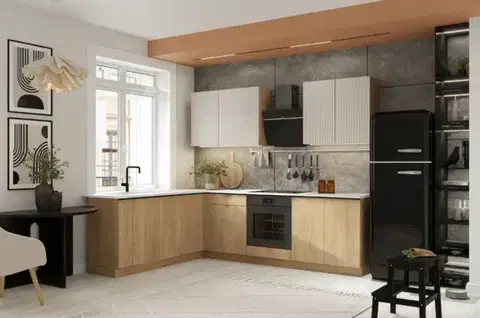 Kompletné kuchynské zostavy Artstolk Rohová kuchynská linka SOFIA B | dub cremona/béžová 200-260 cm Prevedenie: s pracovnou doskou