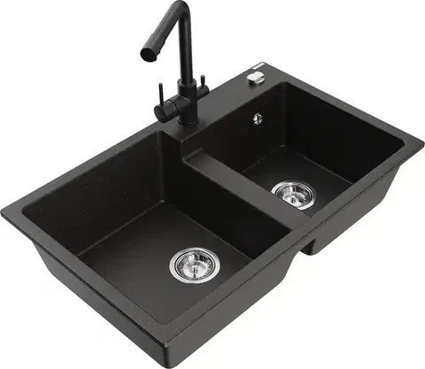 Kuchynské drezy MEXEN/S MEXEN/S - Tomas granitový drez 2-bowl vrátane batérie Duero, čierna/zlatá metalik 6516-75-671600-70