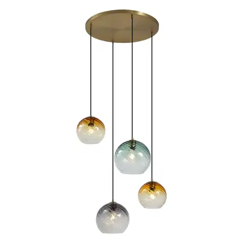 Závesné svietidlá Závesná lampa bronzová s dymovým jantárovým a zeleným sklom okrúhla 4-svetlá - Bao