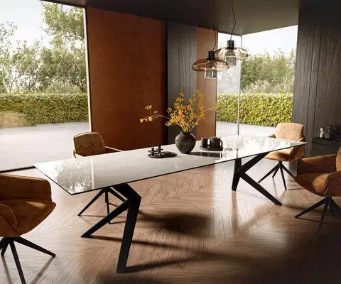 Jedálenské stoly DELIFE Jedálenský stôl Edge 300×100 cm keramika onyx champagne Zenthara hranatý kov čierna