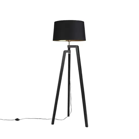 Stojace lampy Trojnohá stojaca lampa s tienidlom z bavlny čierna so zlatom 50 cm - Puros
