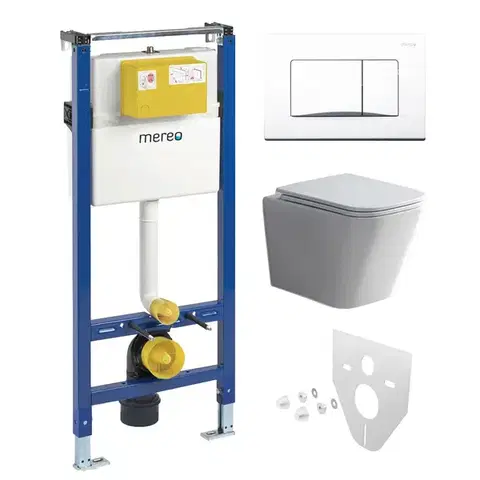 Záchody Mereo WC set - Smart flush rimless WC hranaté, modul pre sadrokartón, biele hranaté tlačidlo MM02NSETRT320