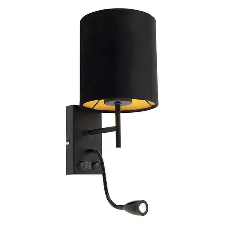 Lampy Art Deco nástenná lampa čierna s zamatovým tienidlom - Stacca