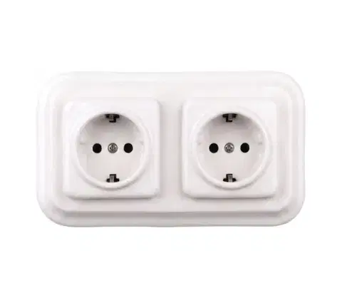 Predlžovacie káble Elhard - Dvojitá keramická retro zásuvka domová s rámikom SCHUKO 230 V biela EF0016+2xEF0014