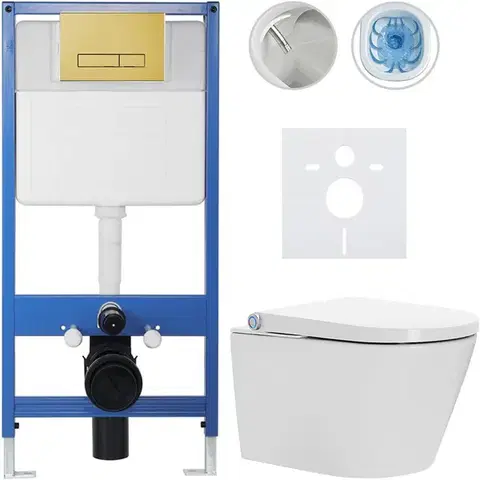 Záchody CERANO - Kompletní WC set Profi/Cronus Standard - bílá lesklá - WC tlačítko Slim/Zlatá - předstěnová instalace - 59,3x38,4  CER-186074