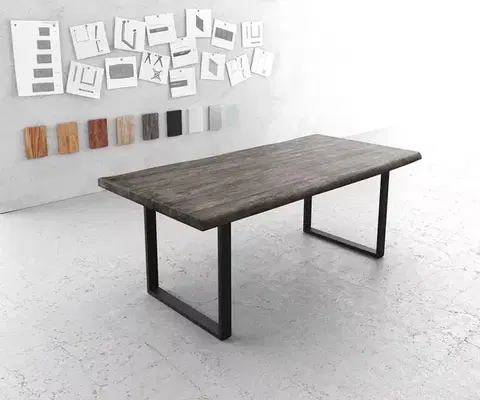 Jedálenské stoly DELIFE Jedálenský stôl Edge 200x100 XL akácia platinová tenká podstava čierna Live-Edge