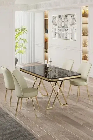Jedálenské sety Dining Table & Chairs Set (5 Pieces) Vals - Black Marble, Gold, Cream