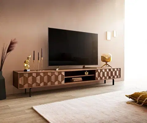 Televízne stolíky DELIFE TV stolík Fevo 240 cm akácia hnedá 4 dvierka podstava v tvare L