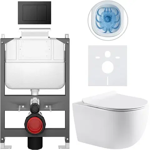 Záchody CERANO - Kompletný WC set Basic/Felci - biela lesklá - WC tlačidlo Maxio/Čierna - ovládanie zhora - predstenová inštalácia - 53x37 CER-8050BD86080