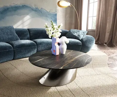 Konferenčné stolíky DELIFE Konferenčný stolík Edge okrúhly 90x90 cm keramika Laminam® Noir Desir hnedá konis nerezová oceľ kefovaná