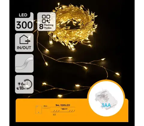LED osvetlenie  B.V.  - LED vonkajšia vianočná reťaz 300xLED/8 funkcií 3xAA 9,3m IP44 teplá biela B103033WQ