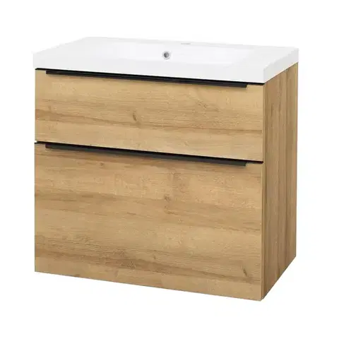 Kúpeľňový nábytok Mereo Mailo, kúpeľňová skrinka s umývadlom z liateho mramoru 81 cm, dub Riviera, čierne madlo CN521MB