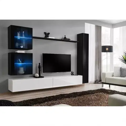 Podkrovný nábytok Obývacia stena Switch XVIII Sklo +LED čierna/Biely