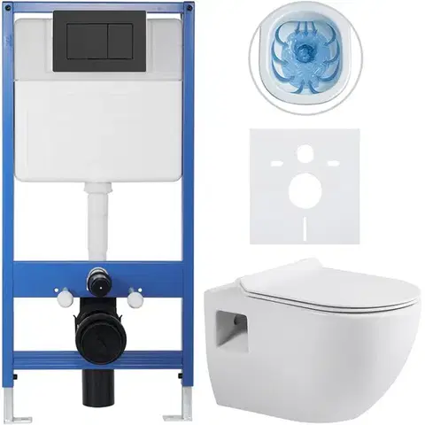 Záchody CERANO - Kompletný podomietkový WC set Lite/Dure - biela lesklá - WC tlačidlo Classic, čierne matné - predstenová inštalácia/sadrokartón - 51x35 CER-665866