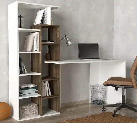 Písacie stoly PREMIUM pracovný stôl s regálom, biela / orech