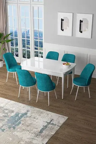 Jedálenské sety Extendable Dining Table & Chairs Set (7 Pieces) Zen - White, Turquoise