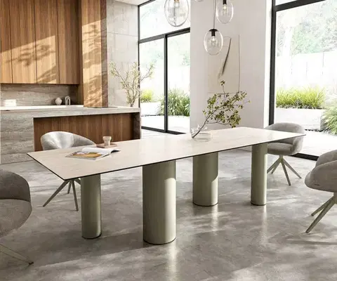 Jedálenské stoly DELIFE Jedálenský stôl Edge 300x100 keramika Laminam® Travertino Bianco krémovo biela pilier kov titánová farba