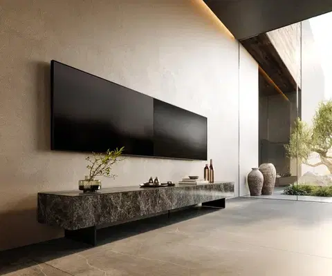 Televízne stolíky DELIFE TV stolík Cuor 250 cm keramika emperador extra leštený tmavohnedá 1 výklopné dvierka 1 zásuvka podstava závesná kov čierna