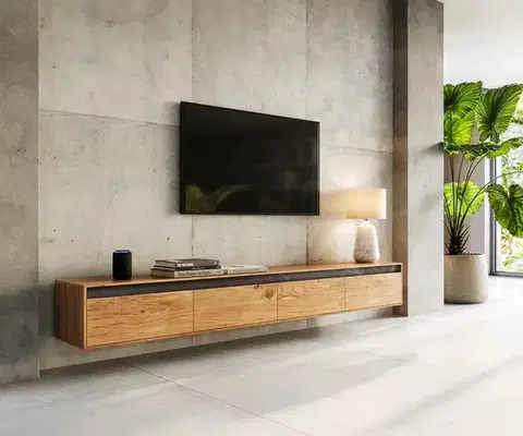 Televízne stolíky DELIFE Dizajnový TV stolík Stonegrace 240 cm akácia prírodná bridlica 4 dvierka závesný