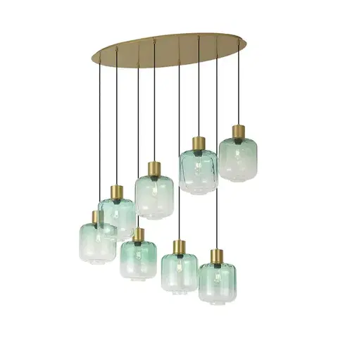 Závesné svietidlá Hotelová elegantná závesná lampa mosadzná s modrým a zeleným sklom 8-svetiel - Qara