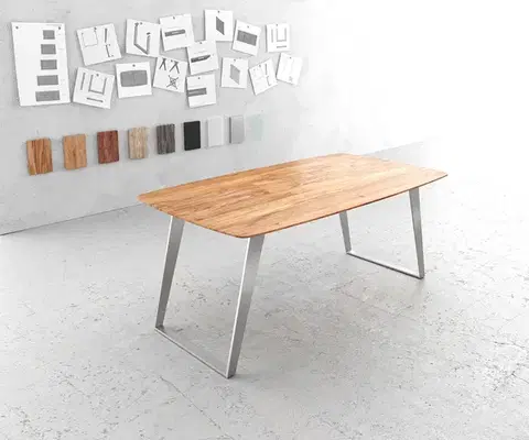 Jedálenské stoly DELIFE Jedálenský stôl Edge zaoblený 180x90 akácia prírodná nerezová oceľ skosený švajčiarska hrana