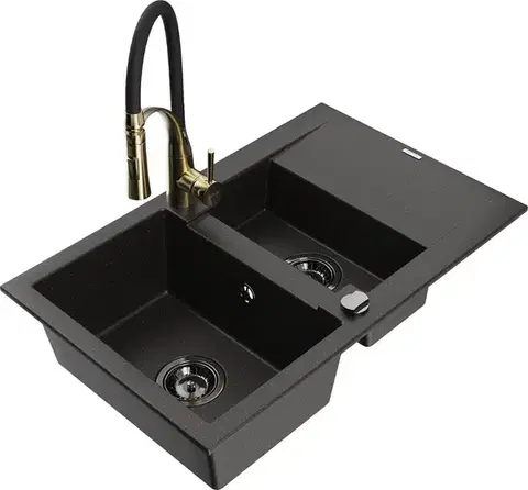Kuchynské drezy MEXEN/S MEXEN/S - Gaspar granitový drez 1.5 s odkvapkávačom vrátane batérie Aster, čierna/zlatá metalik 6507-75-73450-57-B