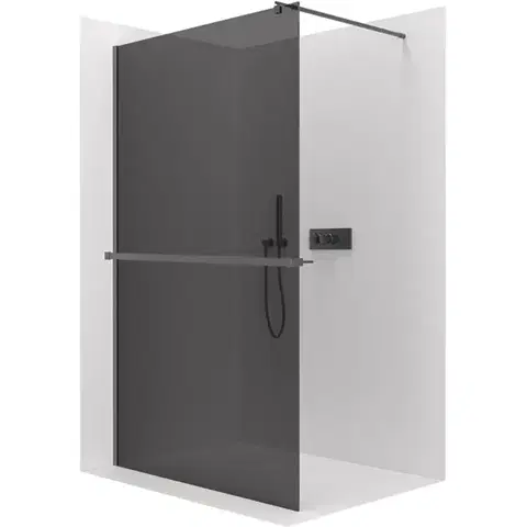 Držadlá k vani CERANO - Sprchová zástěna Walk-in Onyx Round L/P - 8 mm + polička/držák na ručníky - kulatá vzpěra - černá matná, grafitové sklo - 150x200  CER-477449