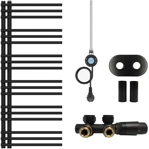 Doplnky do kúpeľne CERANO - Koupelnový radiátorový set Burke - kombinované vytápění, wifi tyč - asymetrické připojení 50 mm - 300W - černá matná - 1200x500 mm CER-463967