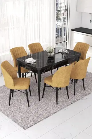 Jedálenské sety Extendable Dining Table & Chairs Set (7 Pieces) Nef - Black Marble, Cappuccino