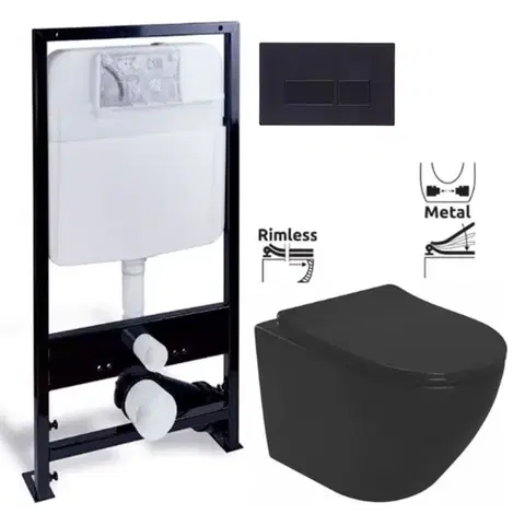 Závesné wc sety PRIM predstenový inštalačný systém s čiernym tlačidlom 20/0044 + WC REA CARLO MINI RIMLESS ČIERNY MAT + SEDADLO PRIM_20/0026 44 MM1