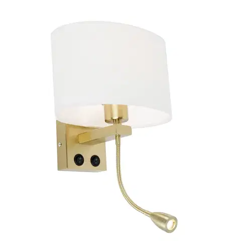 Lampy Nástenná lampa mosadz s oválnym ľanovým tienidlom bielym 25 cm - Brescia Combi