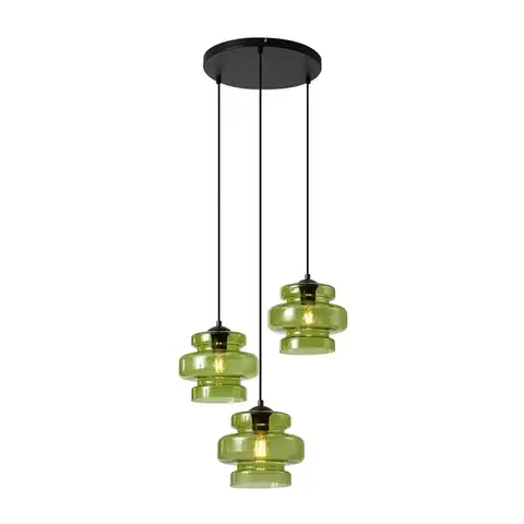 Závesné svietidlá Retro závesná lampa čierna so zeleným sklom 3-svetlá - Denise