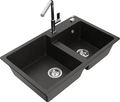 Kuchynské drezy MEXEN/S MEXEN/S - Tomas granitový drez 2-bowl vrátane batérie Flora, čierna/zlatá metalik 6516-75-670401-00