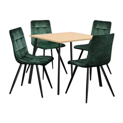 Jedálenské sety Jedálenský stôl 80x80 BERGEN dub + 4 stoličky BERGEN zelený zamat