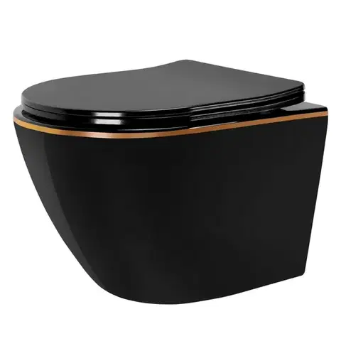 Záchody REA - Závesná WC misa vrátane sedátka Carlo Mini Flat čierna/zlatý prúžok + sedátko duraplast REA-C8800