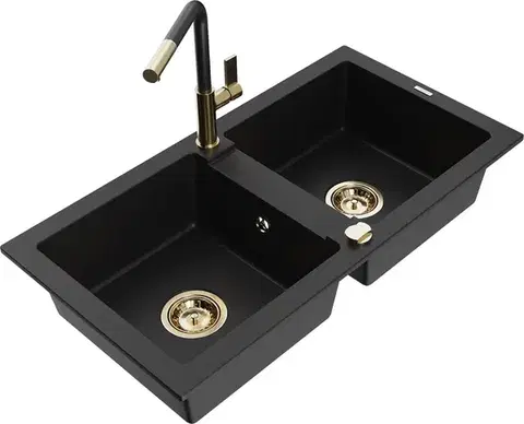 Kuchynské drezy MEXEN/S MEXEN/S - Mario granitový drez 2-bowl vrátane batérie Flora, čierna 6504-77-670401-57-G