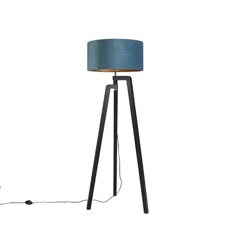 Stojace lampy Stojaca lampa trojnožka čierna s modrým tienidlom a zlatom 50 cm - Puros