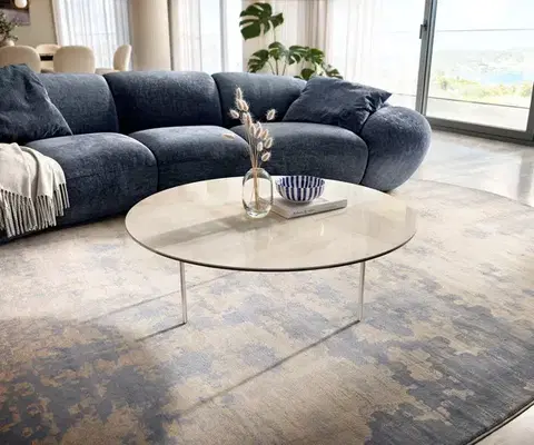 Konferenčné stolíky DELIFE Konferenčný stolík Edge okrúhly 100×100 cm keramika onyx šampanské Trive nerezová oceľ kefovaná