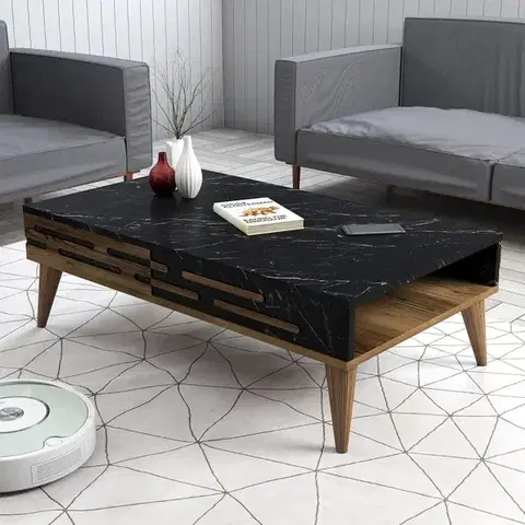 Konferenčné stolíky Konferenčný stolík Valensiya - Walnut, Black, Marble