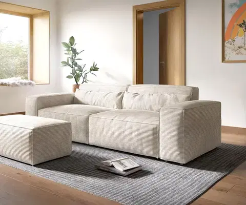 Veľké pohovky DELIFE Veľká pohovka Sirpio XL 270x130 cm manšester béžová s taburetom