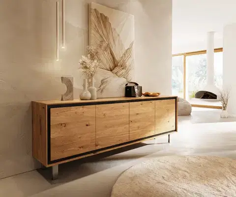 Komody DELIFE Komoda Stonegrace 200 cm dub prírodná 4 dvierka podstava štvorcová nerezová oceľ kefovaná