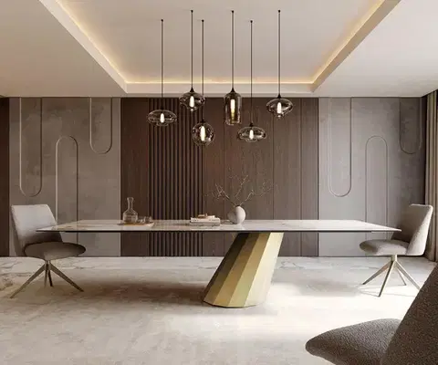 Jedálenské stoly DELIFE Jedálenský stôl Edge 300x100 keramika Minas melange bielo-béžová parabolická metalická zlatá