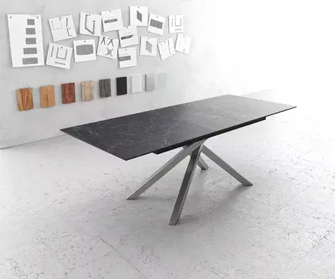 Jedálenské stoly DELIFE Jedálenský stôl Edge 180-220x90 cm keramika Laminam®Nero Greco antracitová krížová podstava obdĺžnikový nerezová oceľ rozkladací