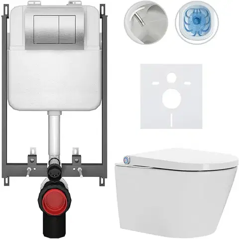 Záchody CERANO - Závěsné WC s bidetem Basic/Cronus Standard - bílá lesklá - WC tlačítko Maxio/Stříbrná - pro zazdění - 59,3x38,4  CER-8050BD86446