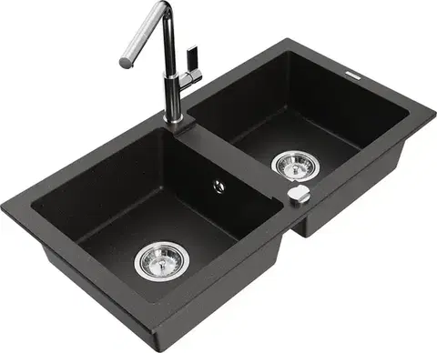Kuchynské drezy MEXEN/S MEXEN/S - Mario granitový drez 2-bowl vrátane batérie Flora, čierna/zlatá metalik 6504-75-670401-00