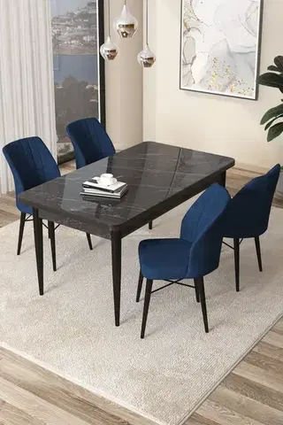 Jedálenské sety Dining Table & Chairs Set (5 Pieces) Arp - Black Marble, Navy Blue