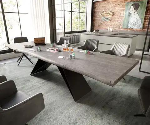 Jedálenské stoly DELIFE Jedálenský stôl Edge 300x100 XL akácia platinová podstava v tvare V plochá oceľ čierna Live-Edge